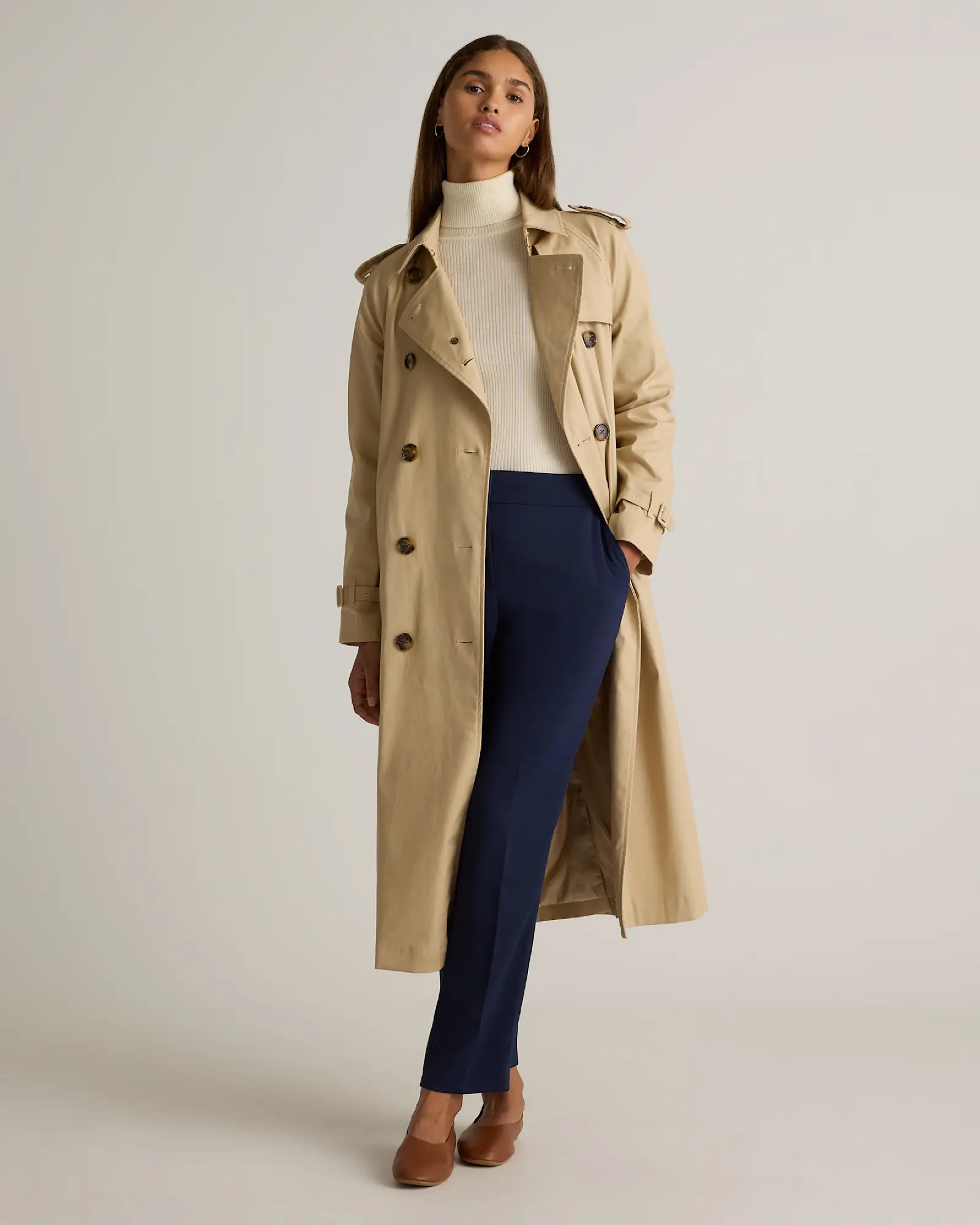 Comfort Stretch Long Trench Coat in Light Khaki | Quince
