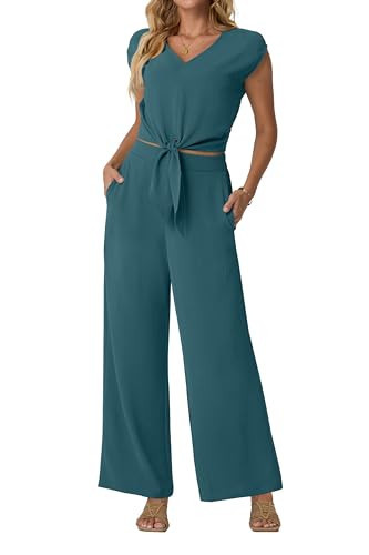 Lepunuo Women's Summer 2 Piece Outfits Cap Sleeve V Neck Belted Crop Top Wide Leg Pants Casual Beach Travel Set | Amazon (US)
