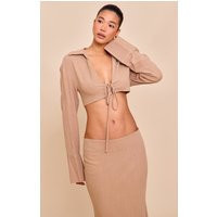 Sand Linen-Blend Tie Front Cropped Shirt | PrettyLittleThing US