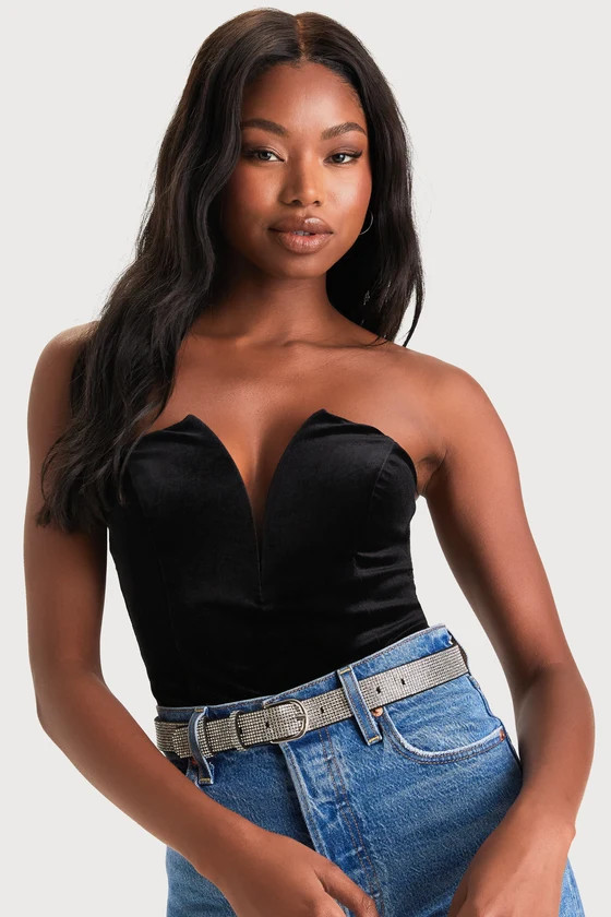 Babe Alert Black Velvet Notched Strapless Bodysuit | Lulus (US)