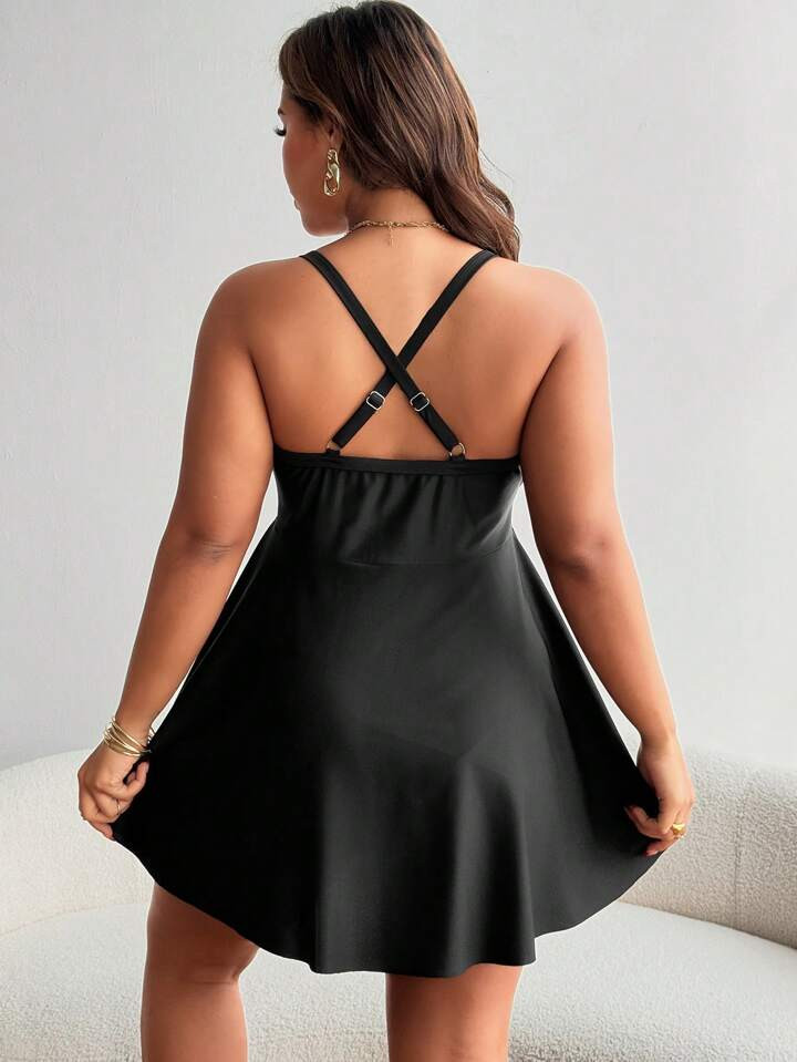 SHEIN Swim Curve Plus Size Women Black Tie Front Ruffle Swim Dress Summer | SHEIN