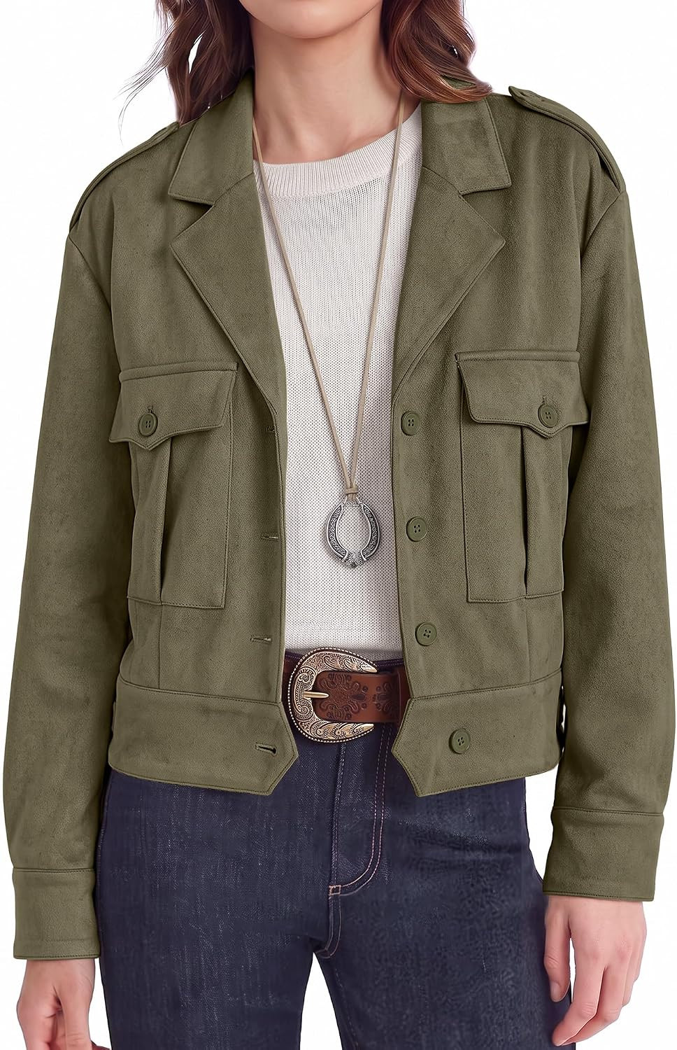 luvamia Faux Suede Jackets for Women Cropped Long Sleeve Button Down Coat | Amazon (US)
