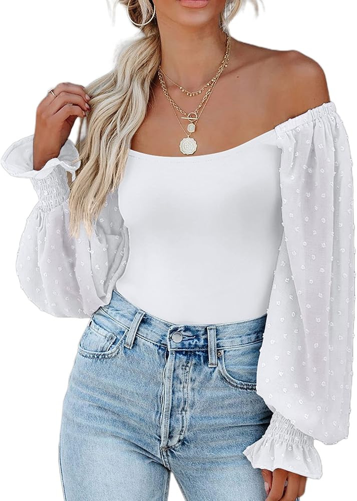 Zeagoo Women's Square Neck Puff Long Sleeve Bodysuit Off Shoulder Leotard Sheer Polka Dot Sleeve ... | Amazon (US)