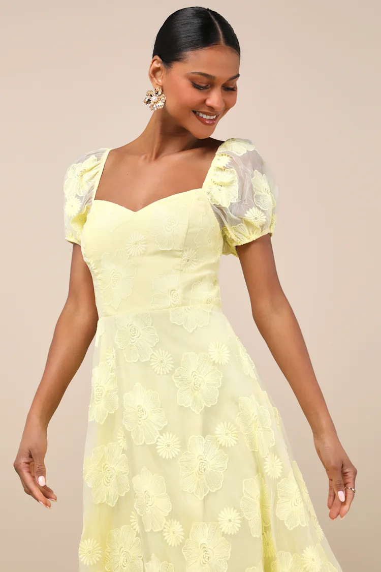Sweetest Behavior Yellow Embroidered Puff Sleeve Midi Dress | Lulus
