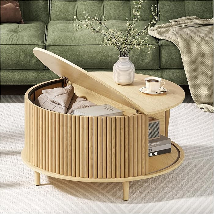 Round Coffee Table with Storage,31.5" Small Round Coffee Table with Sliding Door, Modern Fluted C... | Amazon (US)