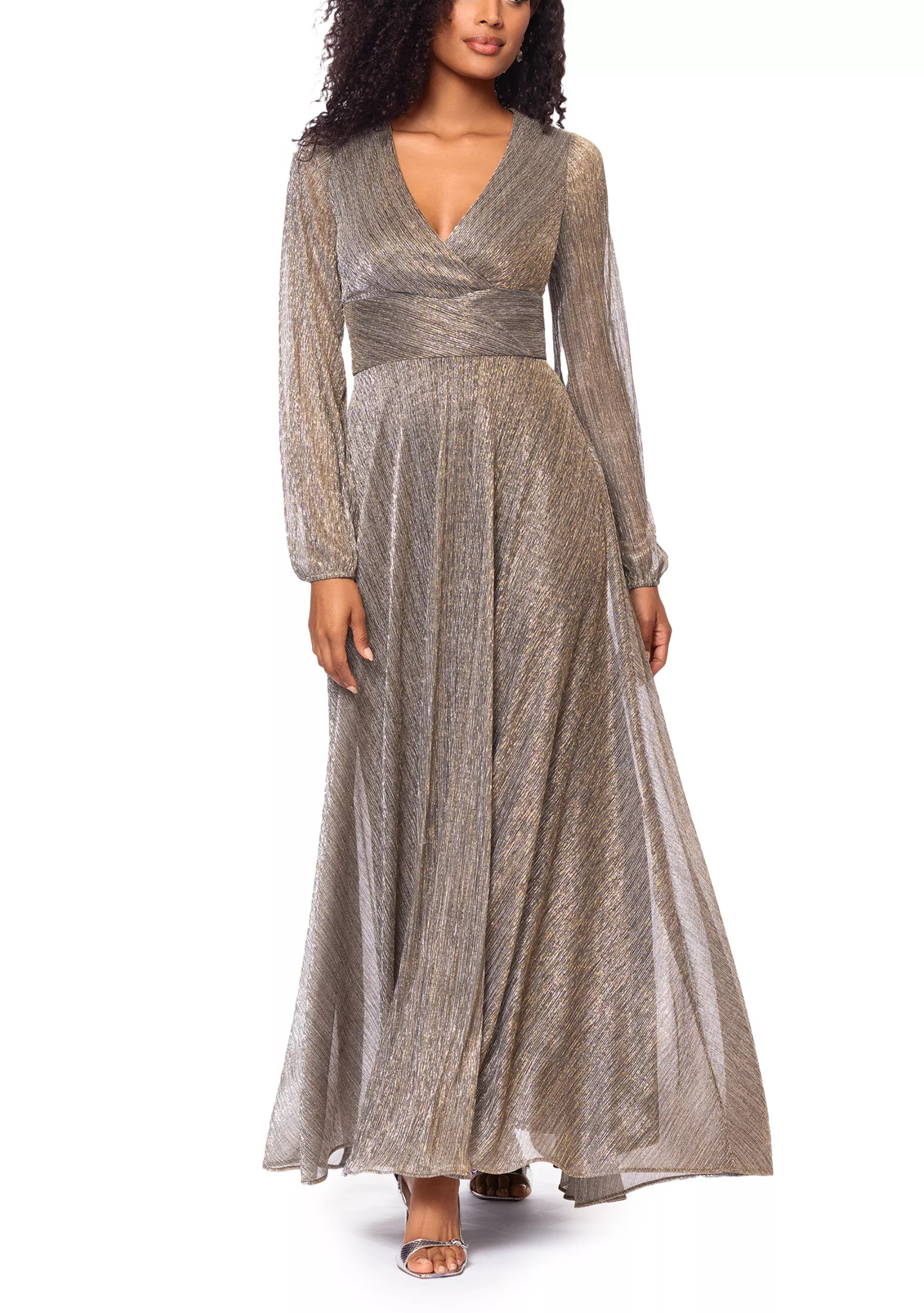 Women's Long Sleeve V-Neck Metallic Knit Gown | Belk