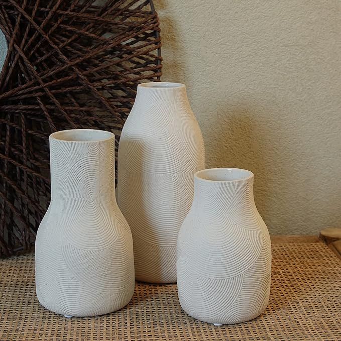 Ceramic Vases for Home Decor - Matte White Textured Vase Set of 3, Decorative Vases for Flowers, ... | Amazon (US)
