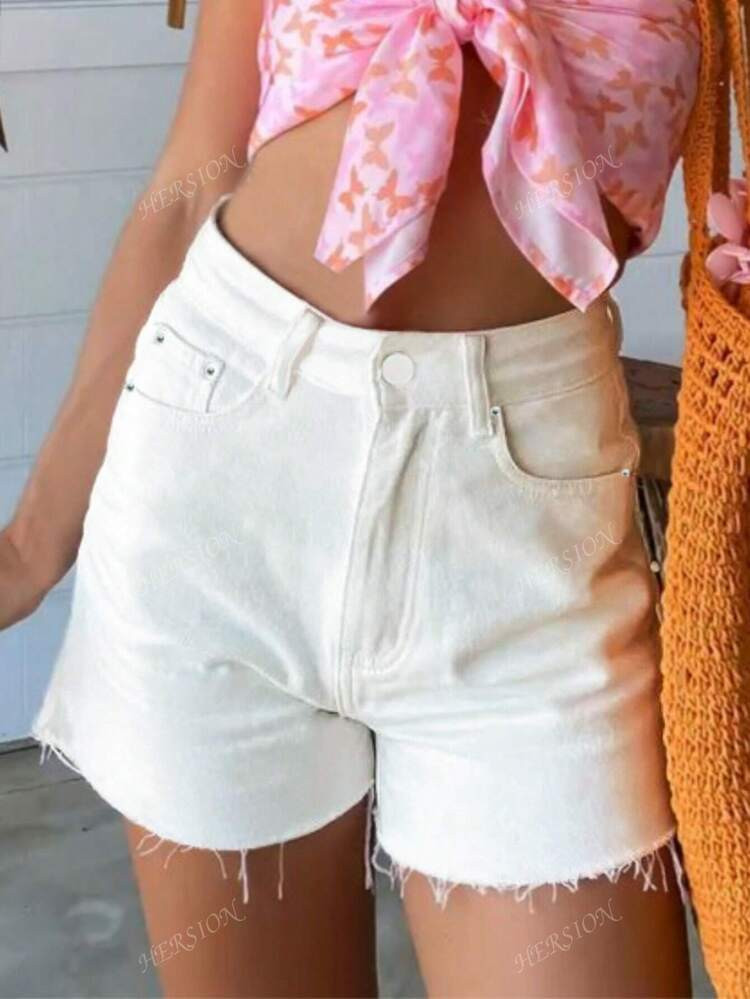 Women's Summer Casual White Raw Hem Denim Shorts | SHEIN