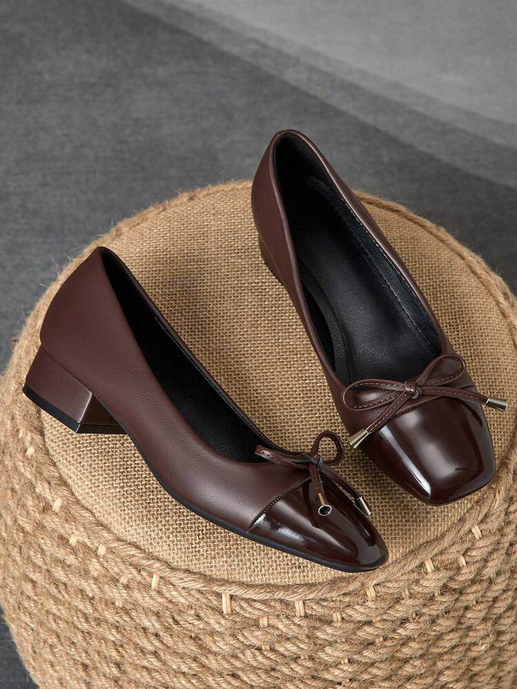 Women's Square Toe 3cm Heel Pumps, Suitable For Work, Commute, Dinner Party, Vintage Bow Accent, Navy Blue, Fashionable & Versatile Casual Slip-On Shoes | SHEIN