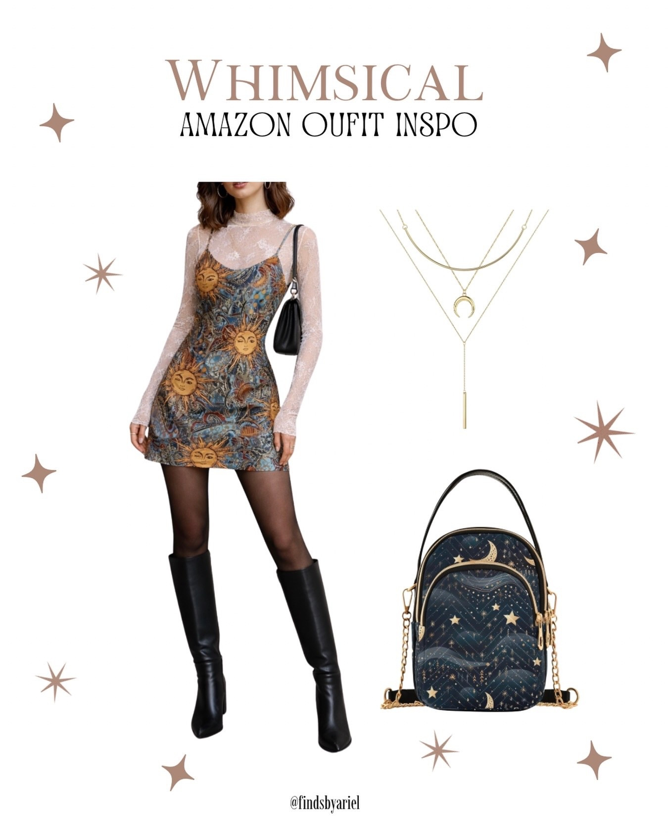 whimsical Amazon outfit inspo 🌙

Sun and moon print dress layered with sheer lace, celestial bag, and all the dreamy vibes. Perfect for anyone who loves playful, cosmic aesthetics.

All Amazon, all under $120 total.

#LTKMidsize #LTKootd #LTKSaleAlert