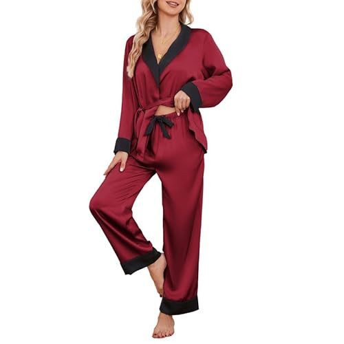 U2SKIIN Womens Luxurious Satin Pajama Set with Tie Waist, Silk Shawl Collar Long Sleeve Soft Pajamas Bridal Pjs Set(Burgundy+Black, 2XL) | Amazon (US)