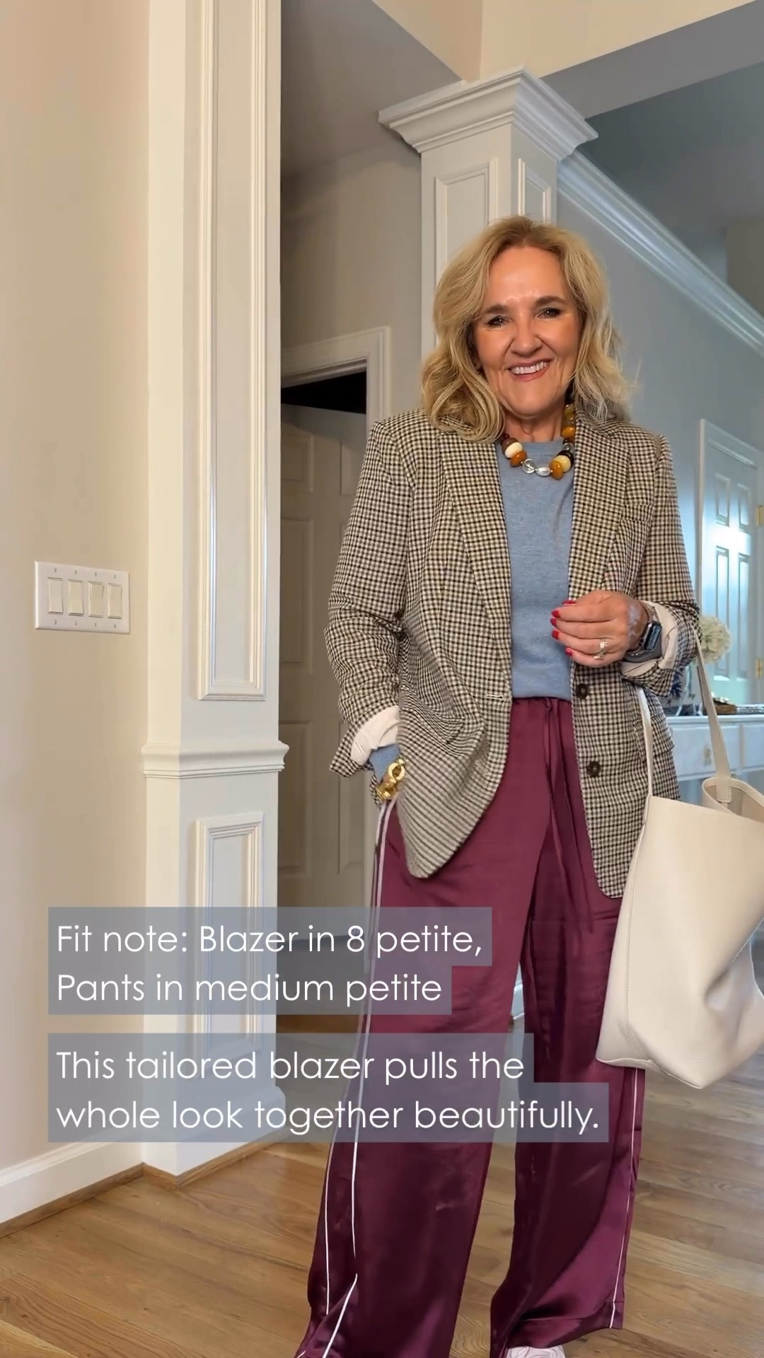 I’m wearing an 8 petite in the blazer and a medium petite in the pants. I like how the checked blazer gives the silky burgundy pants a little structure without making the outfit feel too serious.

#LTKootd #LTKgrwm #LTKOver40