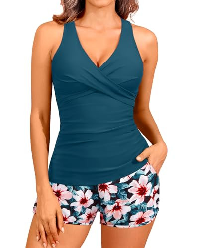 Women Teal Flower Tankini Swimsuits with Shorts - Two Piece Tummy Control Bathing Suits Top with Two Pockets Bottom Swimwear S | Amazon (US)