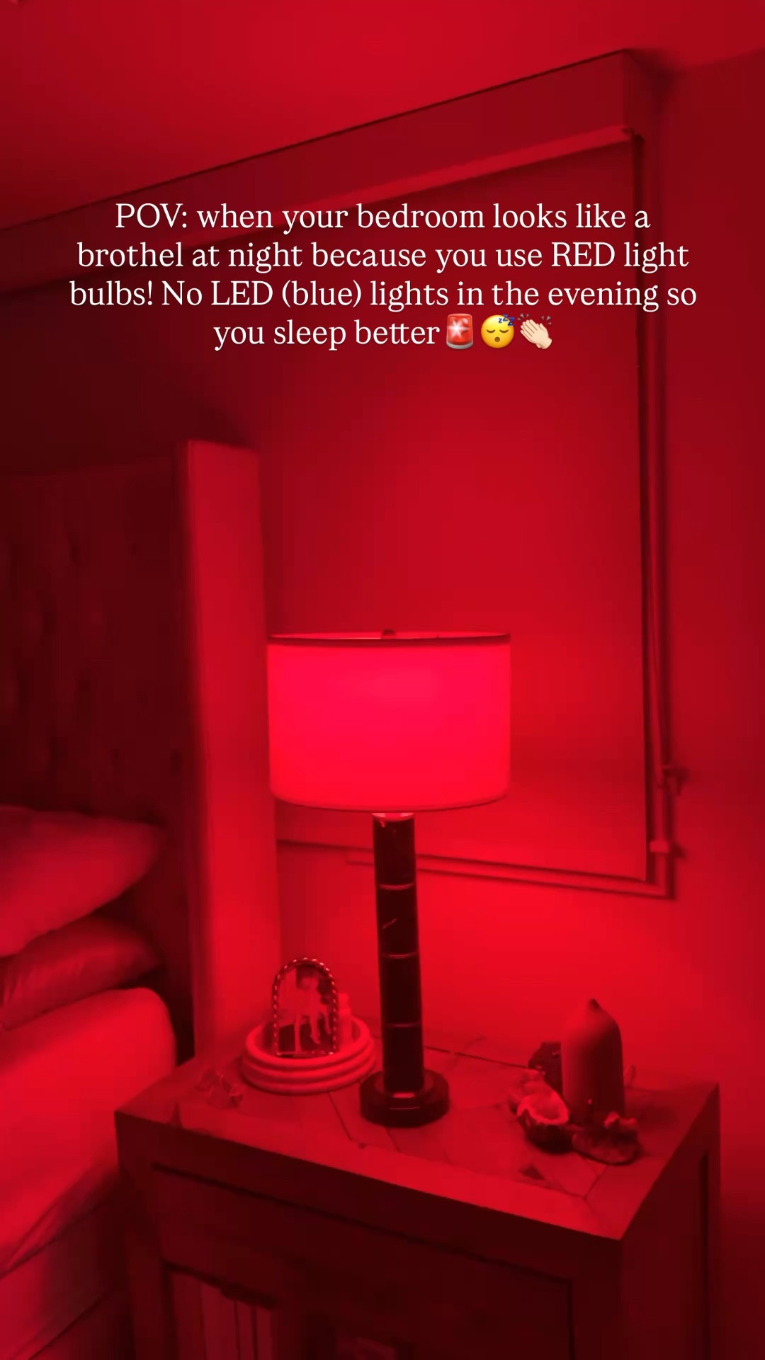 POV: when your bedroom looks like a brothel at night because you use RED light bulbs!😝🚨 No LED (blue) lights in the evening so you sleep better😴 An easy wellness habit to better your overall health!

Red light at night promotes better sleep by supporting natural melatonin production, reducing stress, and fostering relaxation🙌🏻


#LTKHome #LTKselfcare