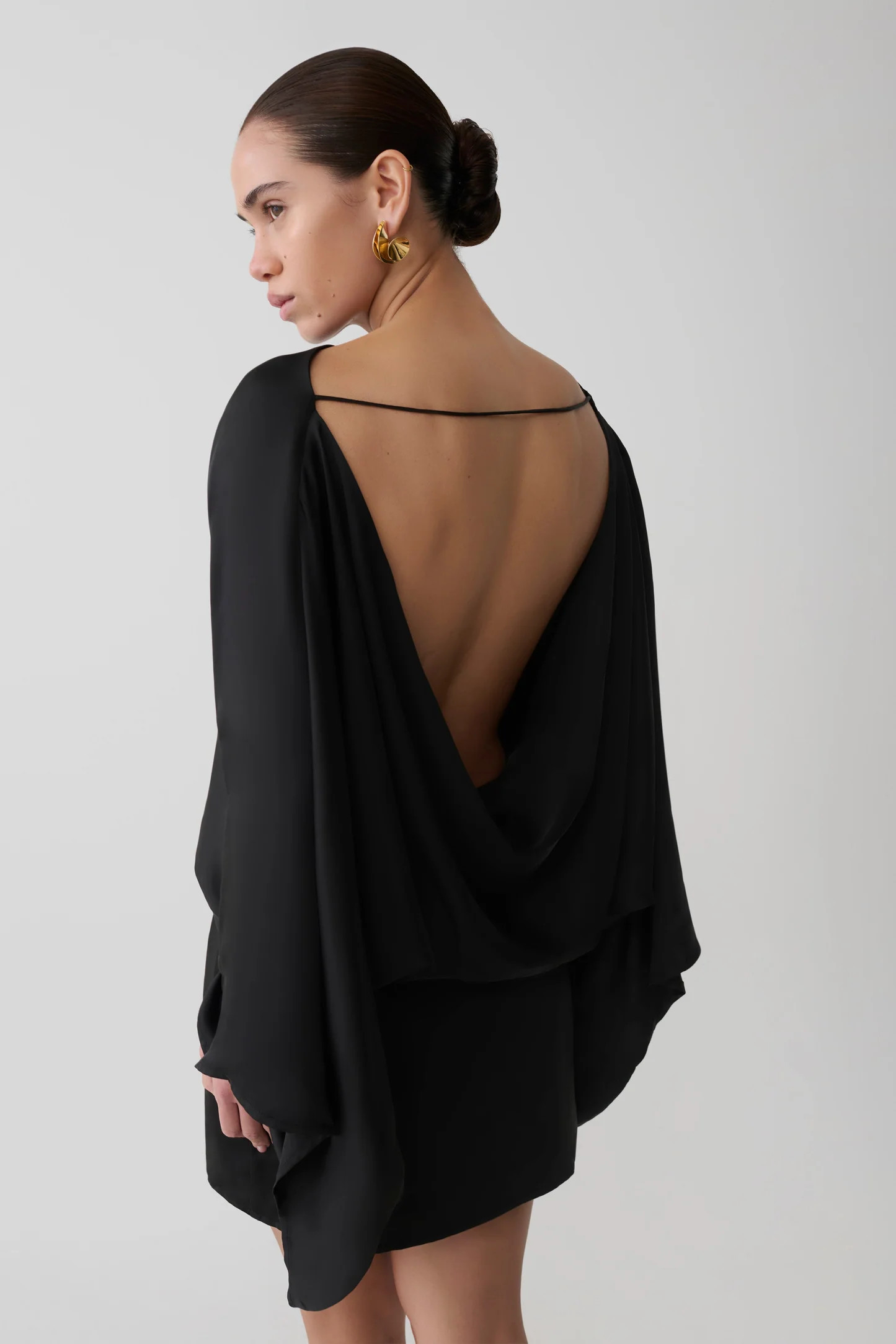 Anoushka Cowl Back Satin Mini Dress - Black | MESHKI US