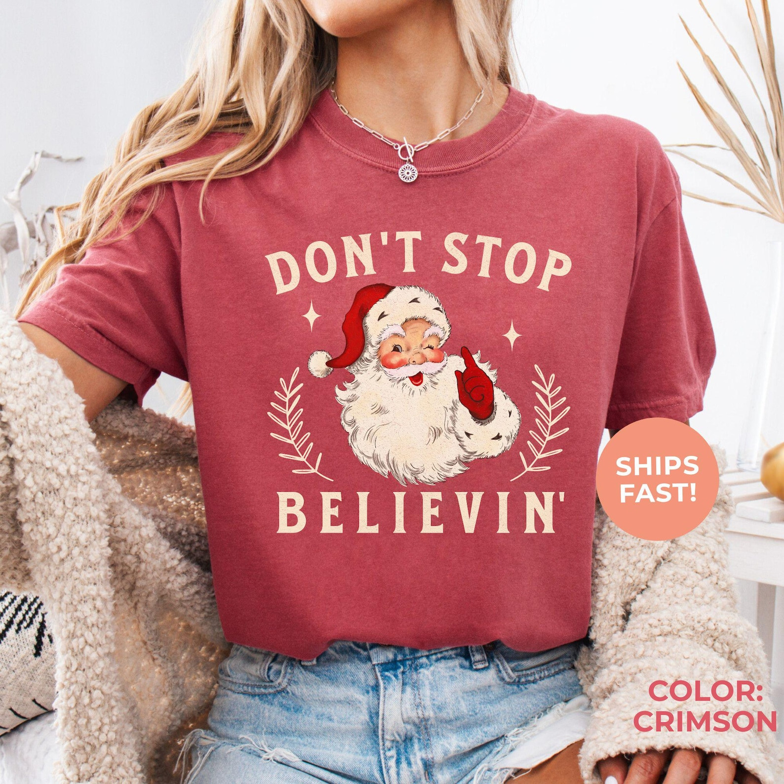 Retro Santa Comfort Colors® Christmas Shirt: Don't Stop Believin' - Etsy | Etsy (US)