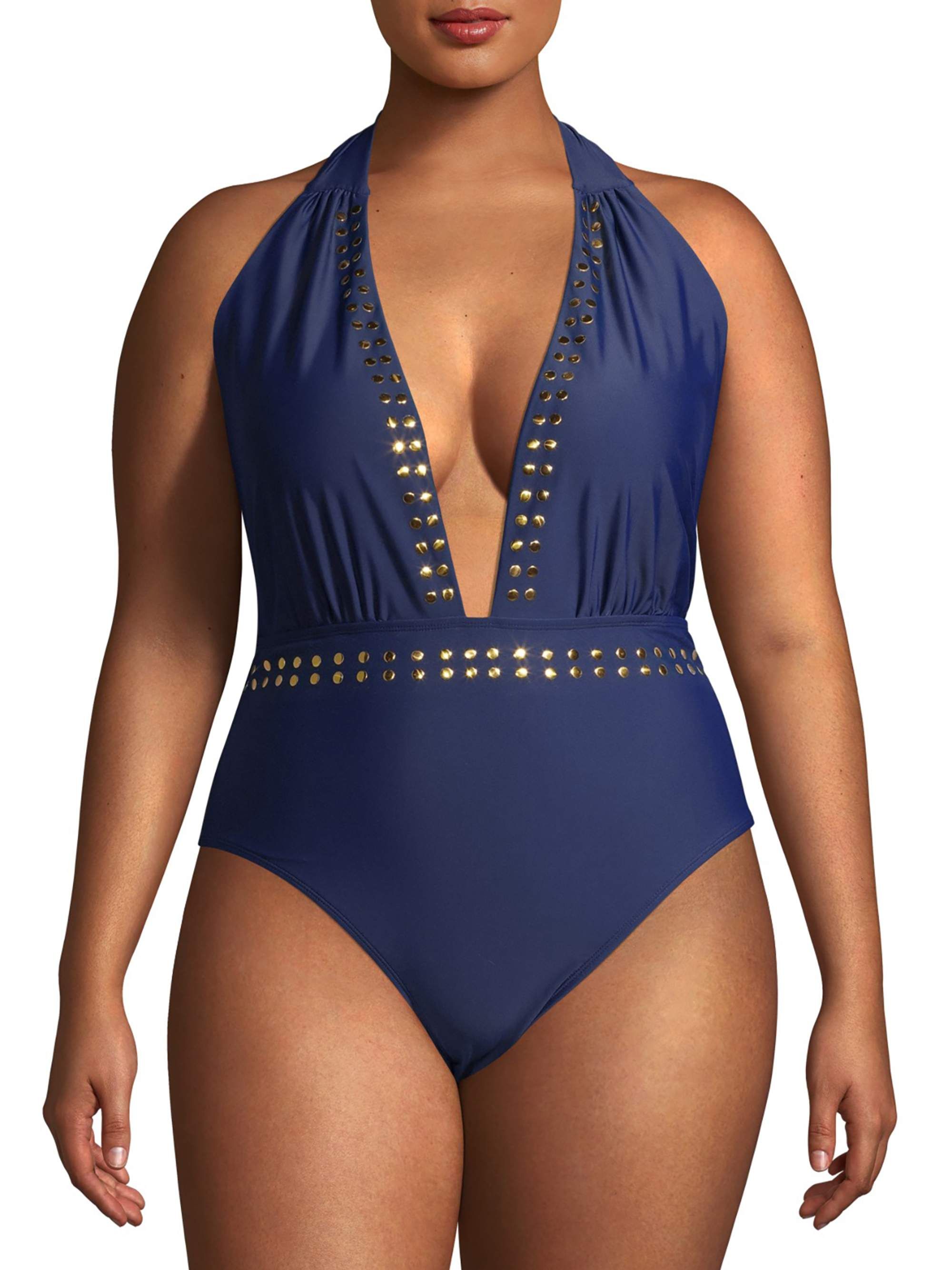 YMI Women’s Plus Size One-Piece Halter Swimsuit With Gold Finished Studs | Walmart (US)