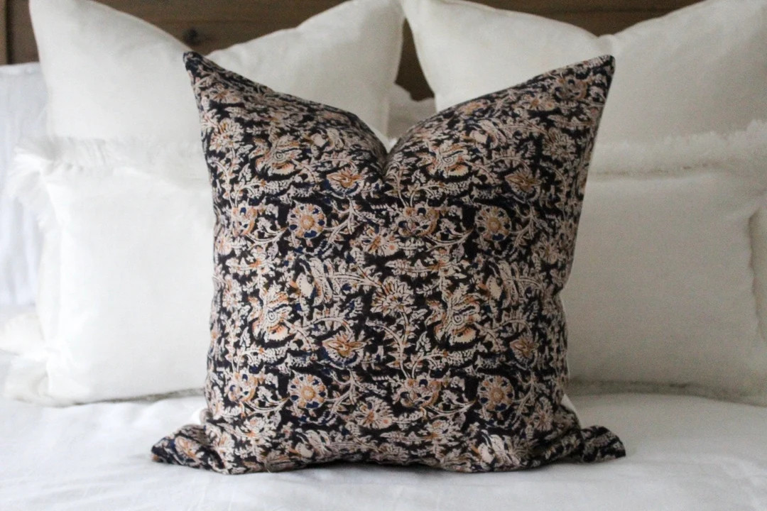 Brown Floral Print Cotton Cushion With Duck Feather Insert 45 X 45cm, Farmhouse Linen Cushions, C... | Etsy (US)