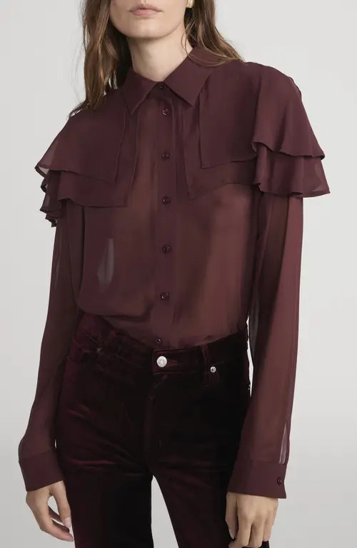 FRAME The Silk Cape Button-Up Shirt in Cabernet at Nordstrom, Size Medium | Nordstrom