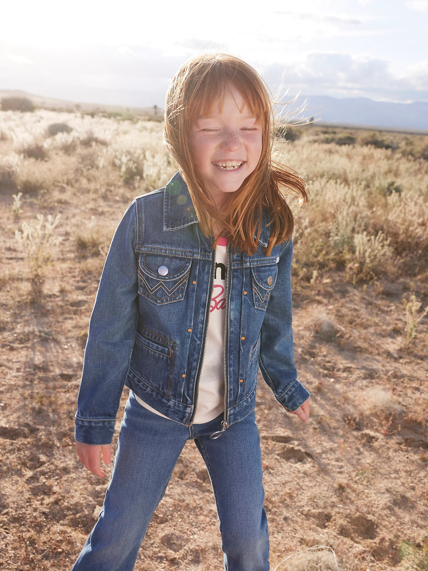 Wrangler x Barbie™ Girl's Zip Front Denim Jacket in Wrangler Blue | Wrangler