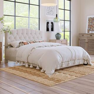 Beige Wood Frame Queen Size Linen Upholstered Platform Bed with Saddle Curved Diamond-Tufted Head... | The Home Depot