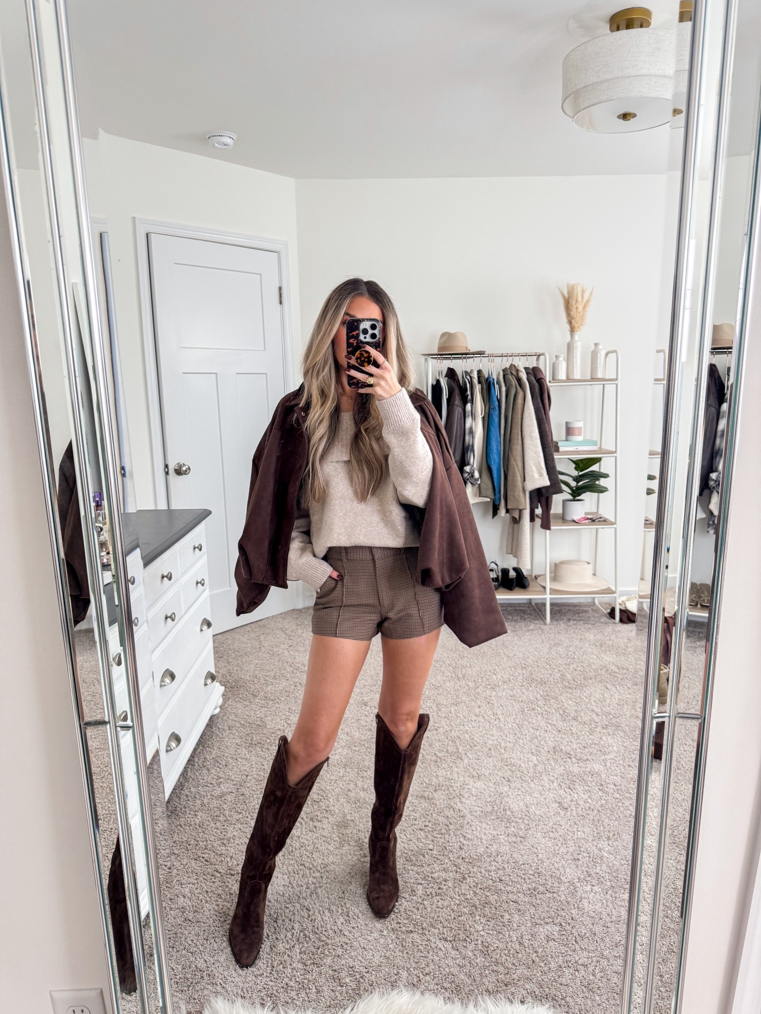 Dressier but still comfortable fall date night or thanksgiving outfit idea 
+ amazon off the shoulder sweater: xs 
+ amazon bomber jacket: small
+ plaid shorts: 23
+ brown suede boots: true to size and linking similar 

Thanksgiving outfit 
Fall outfit inspo 
What to wear 
Fall fashion 
Elevated casual 

#LTKSeasonal #LTKFindsUnder50 #LTKStyleTip
