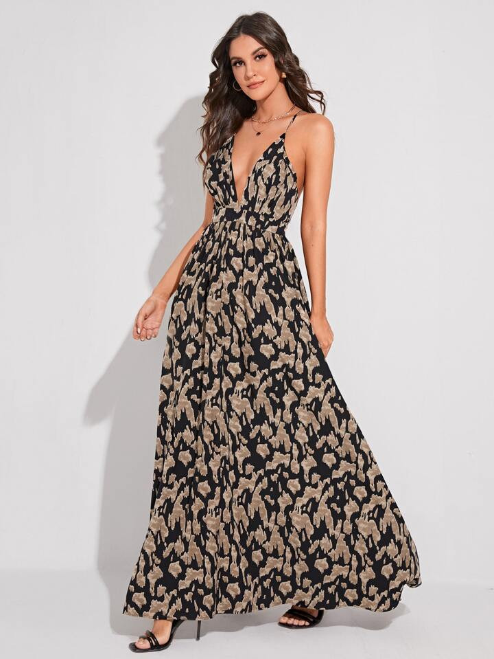 SHEIN VCAY Allover Print Criss Cross Backless Cami Dress Maxi Dresses | SHEIN