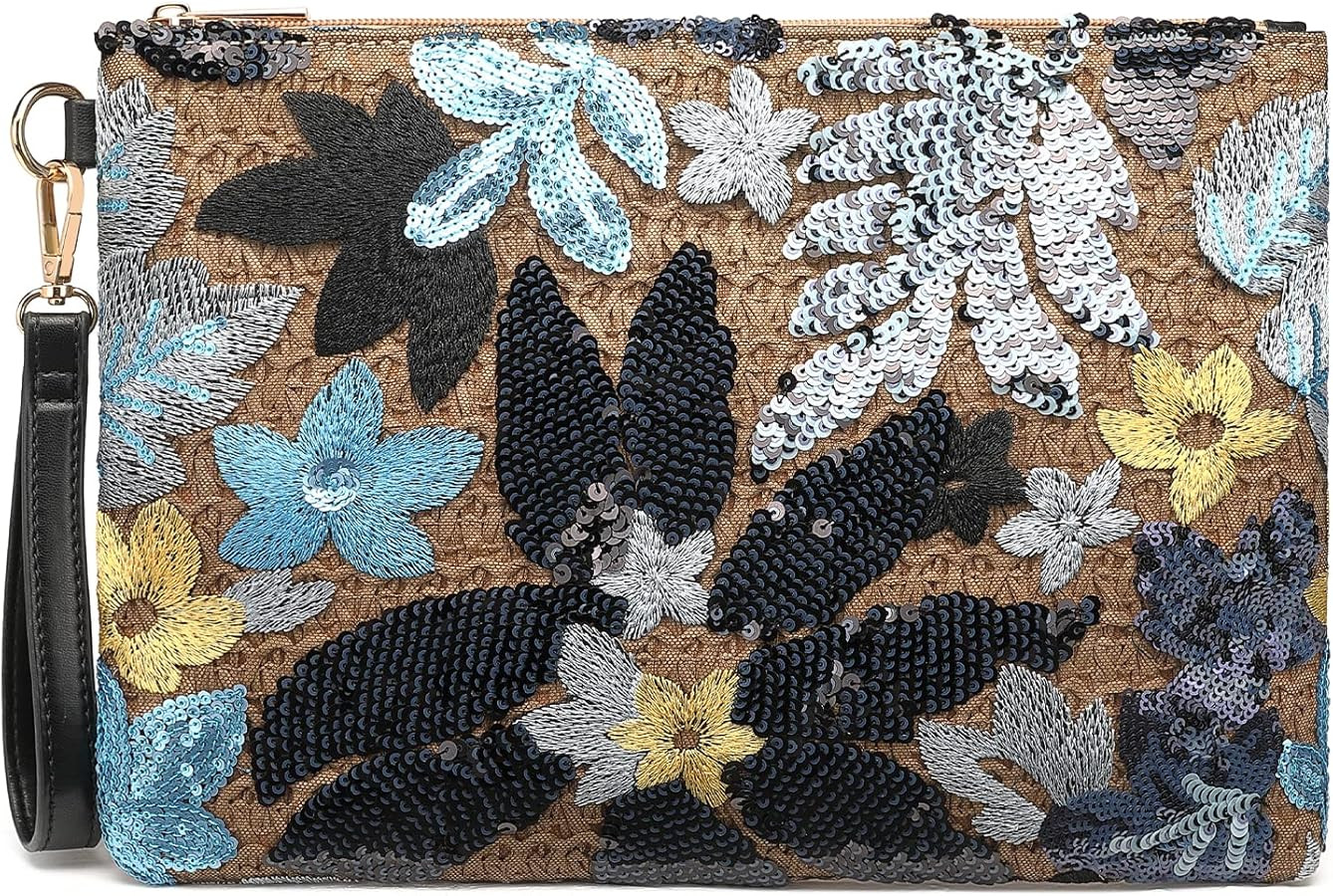 ER.Roulour Summer Straw Bag for Women Floral Embroidery Straw Clutch Purse Woven Wristlet For Bea... | Amazon (US)