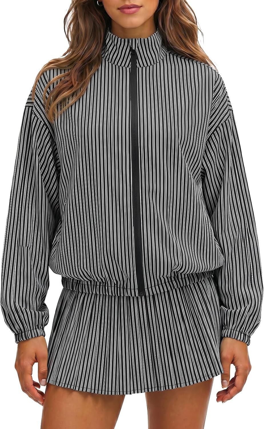 Fisoew Womens Tennis Jackets Striped 2 Piece Outfits Casual Matching Sets | Amazon (US)