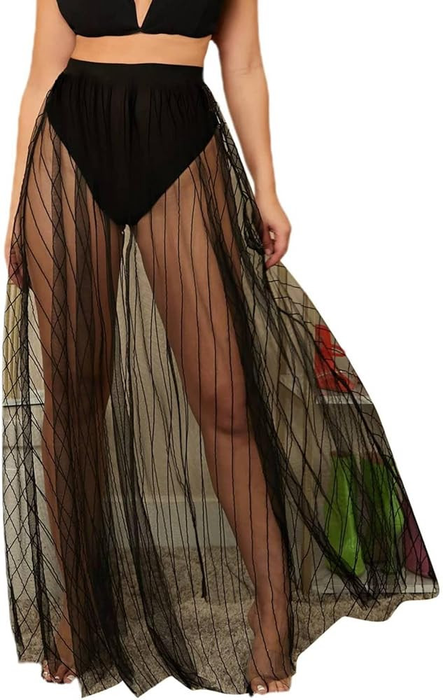 Milumia Women's Sheer Mesh Skirt See Through A Line High Waist Maxi Skirt | Amazon (US)