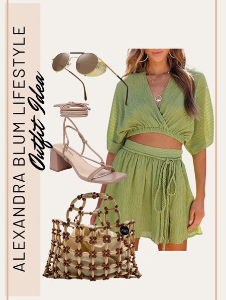 Casual two piece set from Amazon perfect date night outfit or vacation outfit! Affordable beach tote purse bag, lace up sandals, and perfect summer  sunglasses!  Travel outfit! Vacation outfit! Summer outfit! Spring outfit! 

#LTKswim #LTKfindsunder100 #LTKfindsunder50
