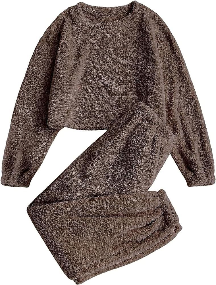 Womens Cropped Fluffy Pajama Set 2 Piece Fleece Winter Warm Pants Fuzzy Pullover Plush Sleepwear | Amazon (US)