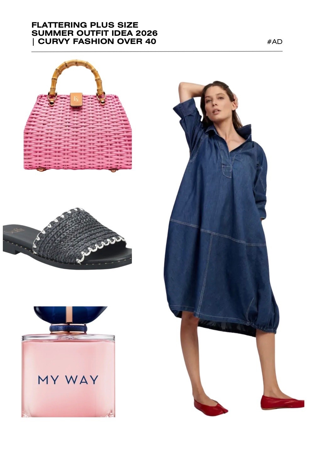 Looking for a fresh, sophisticated denim plus size summer outfit idea for 2026? This flattering balloon-hem denim shirt dress is a total standout for curvy fashion over 40. Featuring an architectural oversized fit, a classic collar, and chic contrast stitching, this dress offers a high-fashion silhouette that is both comfortable and incredibly stylish for a summer lunch date or elevated city style.
We’ve styled this modern denim midi with a vibrant pink wicker bamboo handle bag for a pop of color and paired it with navy woven slide sandals featuring a white scalloped edge. The look is perfectly finished with the floral, adventurous scent of Armani My Way. Discover how to style oversized denim for curvy figures this season. #PlusSizeFashion #DenimDress #SummerOutfits2026 #BalloonDress #CurvyStyle #ArmaniMyWay #CoastalChic
