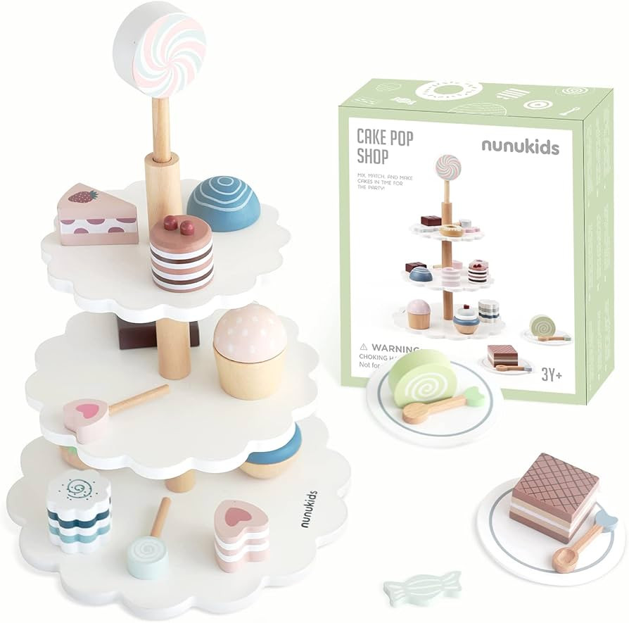 Wooden Tea Party Set for Little Girls Fake Food for Kids Kitchen 22pcs Cake Shop Toy | Amazon (US)