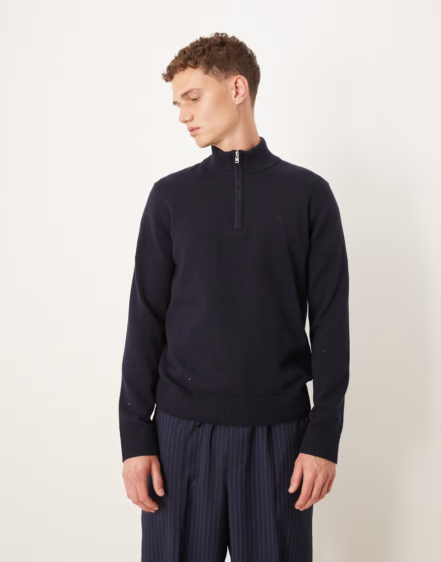 Abercrombie & Fitch long sleeve chest logo quarter zip sweater in navy | ASOS (Global)