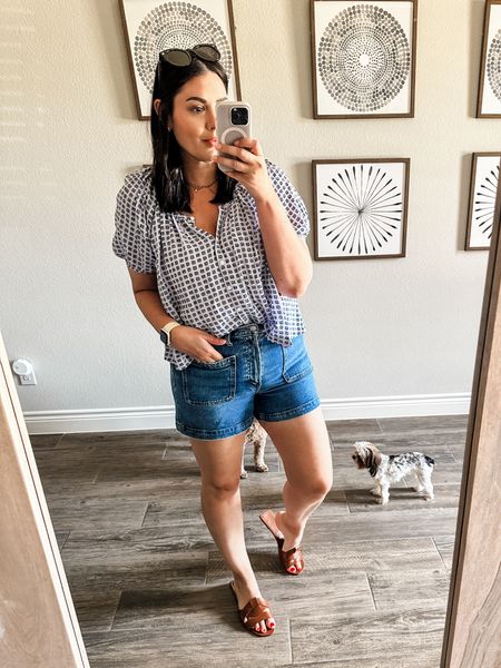 Everyday uniform over here — another day, another pair of denim shorts 😂 I pulled these out from last summer and they are still a hit! And in stock! I’m in the 30, I find them to run a bit snug at the hips. 

This top runs loose in the torso but overall TTS! I’m in the large. 