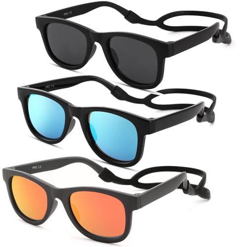 COASION 3 Pack Bendable Flexible Polarized Newborn Baby Sunglasses with Silicon Strap for Infant Boys Girls Age 0-12 Months (Black/Blue Mirror + Brown/Orange Mirror + Matte Black/Gray) | Amazon (US)