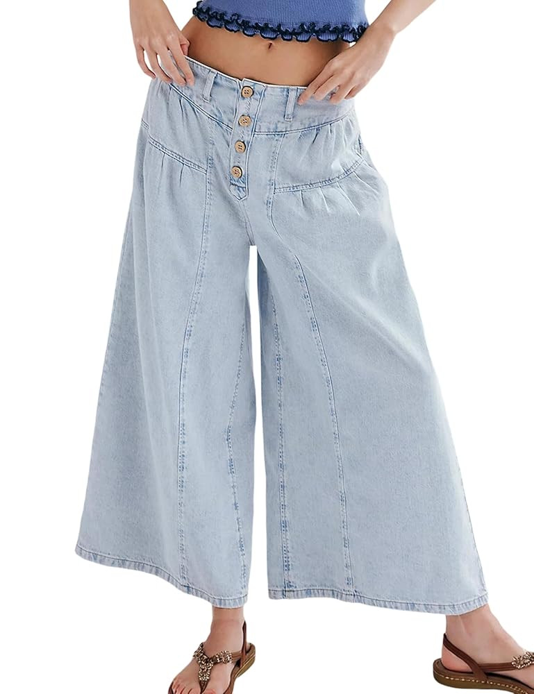 Lentta Women's Wide Leg Jeans Mid Rise Trousers Elastic Waist Button Pleated Demin Pants with Poc... | Amazon (US)