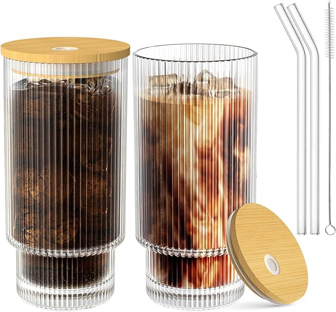 Glass Cups with Lid and Straw 2 Set, 16OZ Drinking Glasses for Whiskey Cocktail Beer, Ribbed Glas... | Amazon (US)