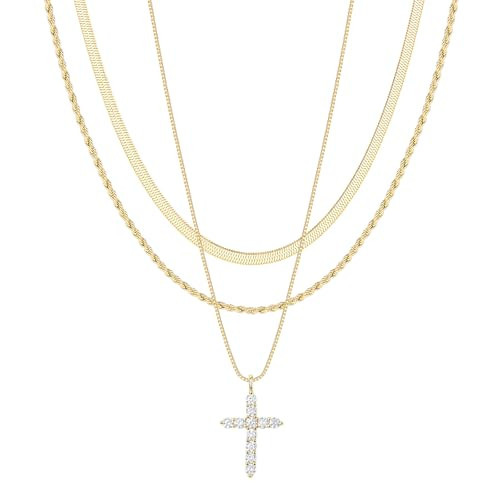 Poxtex Layered Gold Necklaces for Women, Gold Cross Necklace for Women, Stackable Herringbone Choker Twisted Rope Chain Diamond Cross Pendant Necklace Trendy Waterproof Non Tarnish Jewelry Sets | Amazon (US)