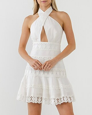 Endless Rose Halter Neck Lace Trim Mini Dress | Express
