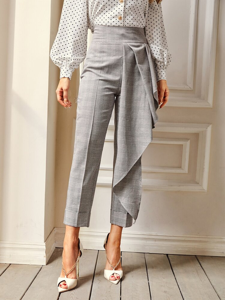 SHEIN Plaid Print Side Draped Pants | SHEIN