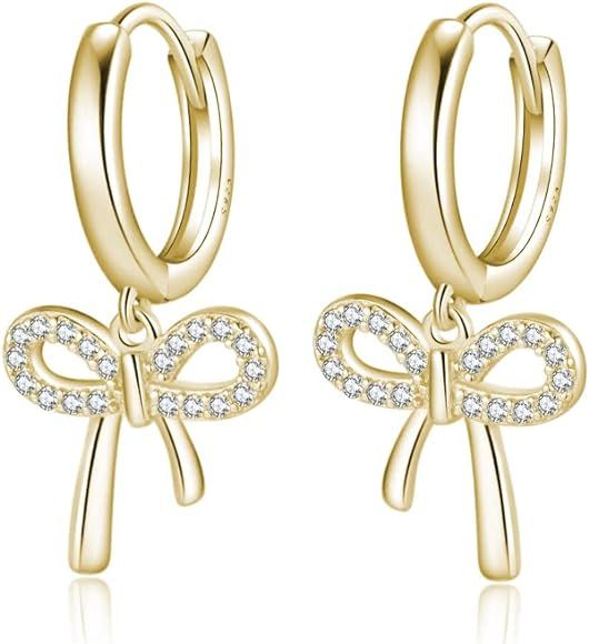 Reffeer Solid 925 Sterling Silver Bow Drop Hoop Earrings for Women Girls Bowknot Hoop Earrings Huggi | Amazon (US)