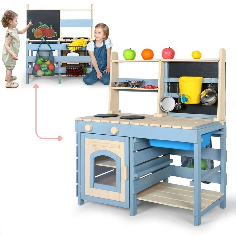 2 in 1 Mud Kitchen for Kids,Outdoor Play Kitchen & Grocery Store with Sink & Faucet,Blackboard,Ut... | Walmart (US)