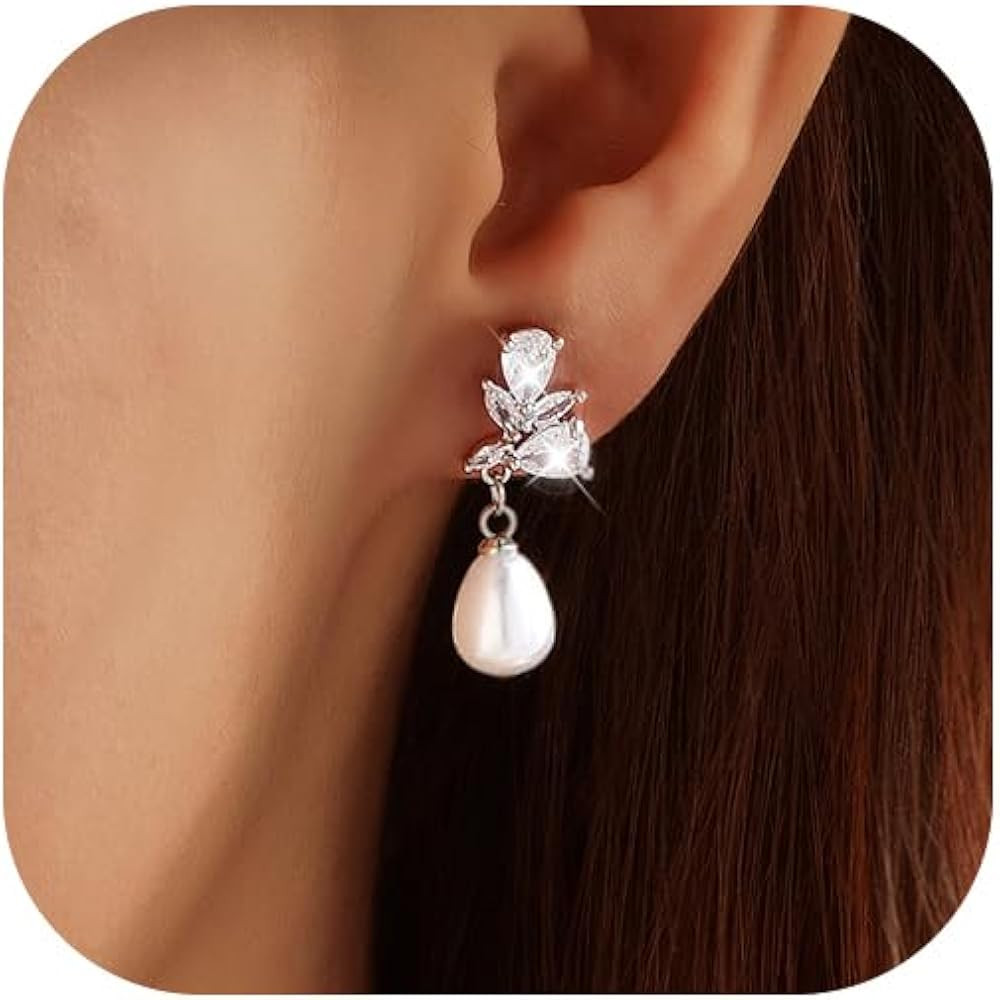 Pearl Earrings for Women, 14k Gold Plated Trendy Diamond Pearl Drop Earrings Bridal Shower Gifts ... | Amazon (US)