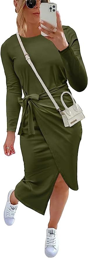 Amazon.com: NOLLSOM Women Long Sleeve Ruched Bodycon Wrap Dress Crew Neck Tie Waist Midi Dress So... | Amazon (US)