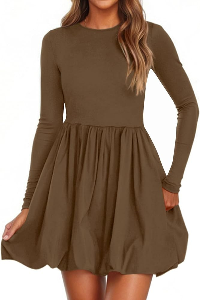 PRETTYGARDEN Fall Dresses for Women 2025 Casual Long Sleeve Bubble Cute Crew Neck A Line Mini Sho... | Amazon (US)