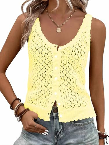 Fisoew Womens Sweater Tank Tops Summer Sleeveless Crochet Cardigan Button Down Boho Knit Going Out Vest Tops Yellow | Amazon (US)