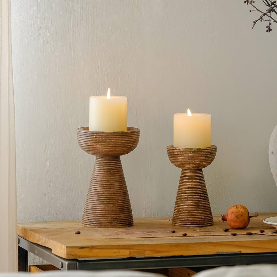 NIKKY HOME Modern Farmhouse Pillar Candle Holders Set of 2, Brown | Amazon (US)