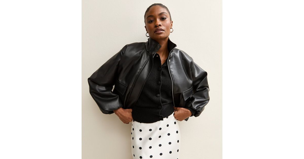 Black Faux Leather Funnel Neck Bomber Jacket | New Look | New Look (UK)